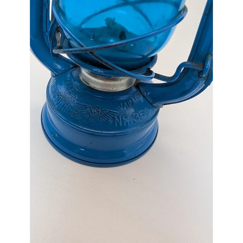 Winged Wheel No. 350 Blue Kerosene Lantern Blue Globe Made Japan Vintage 7.5